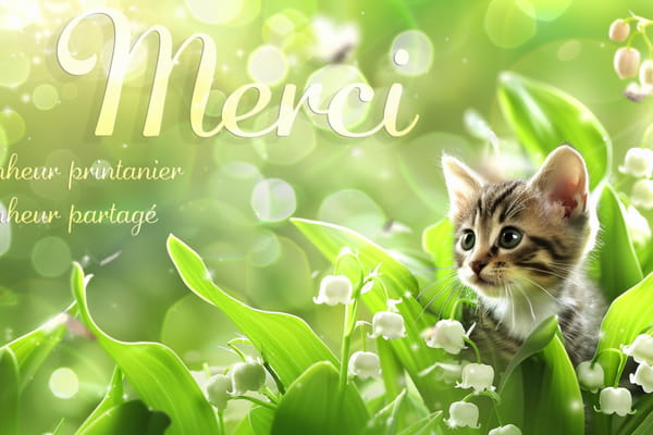 Carte de remerciement pour le 1er mai avec un adorable chaton tigré au milieu de brins de muguet en fleurs. Texte : Merci, bonheur printanier, bonheur partagé.
