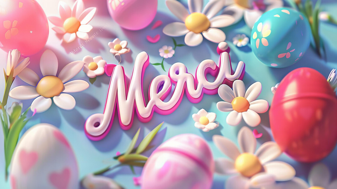 Une composition en 3D représentant le mot 'Merci' entouré d'œufs de Pâques décorés et de fleurs de pâquerettes sur un fond clair.