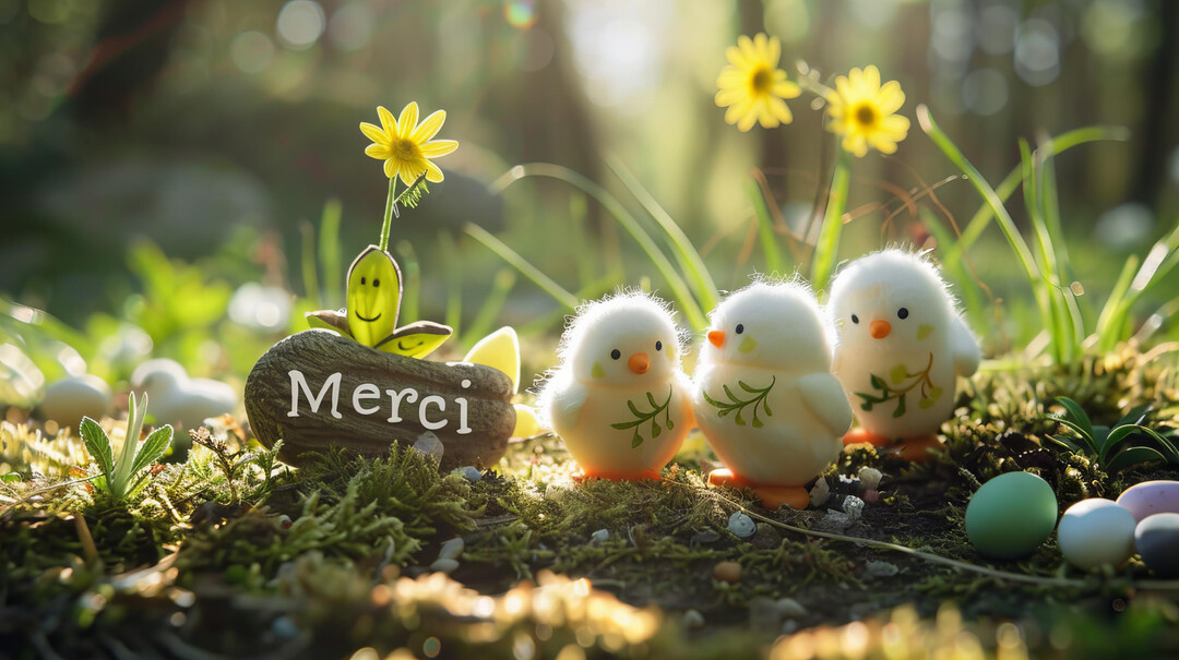 Une scène miniature dans une forêt ensoleillée montrant trois petits poussins en peluche à côté d'une pancarte en bois où est inscrit 'Merci'.