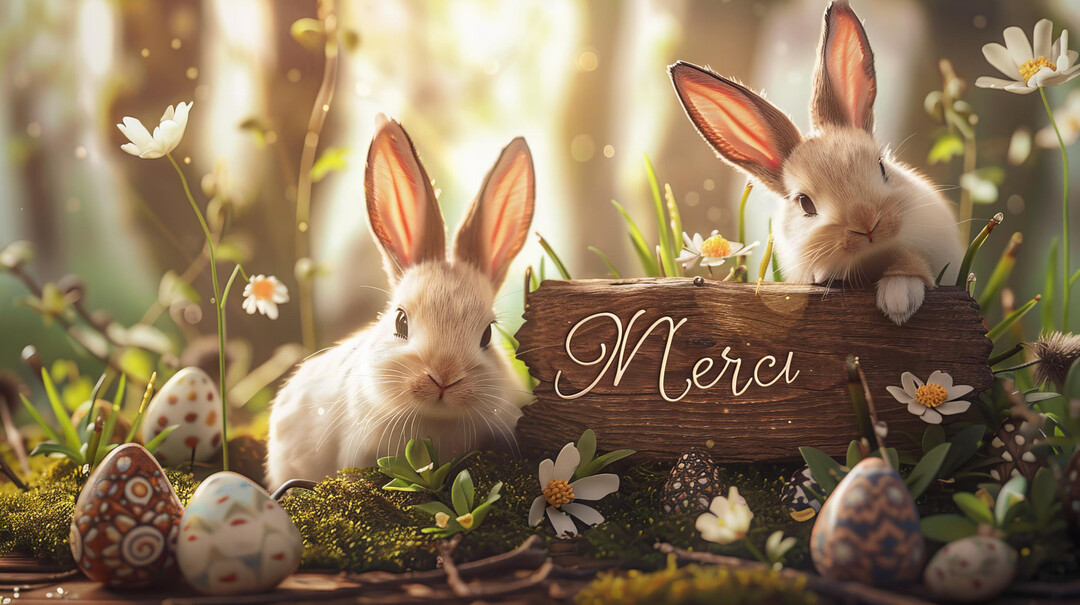 Deux adorables lapereaux beiges posent dans une forêt printanière, à côté d'œufs de Pâques colorés et d'une pancarte en bois affichant 'Merci'.