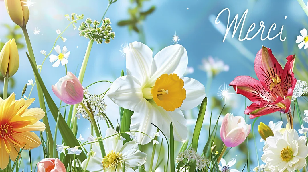 Une composition florale vue en contre-plongée avec des narcisses, tulipes et autres fleurs printanières sous un ciel bleu, avec le mot "Merci" écrit.