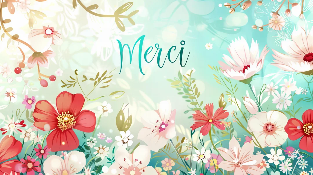 Une illustration poétique montrant le mot 'Merci' au centre d'un jardin luxuriant de fleurs colorées sur un fond bleu-vert lumineux et doux.