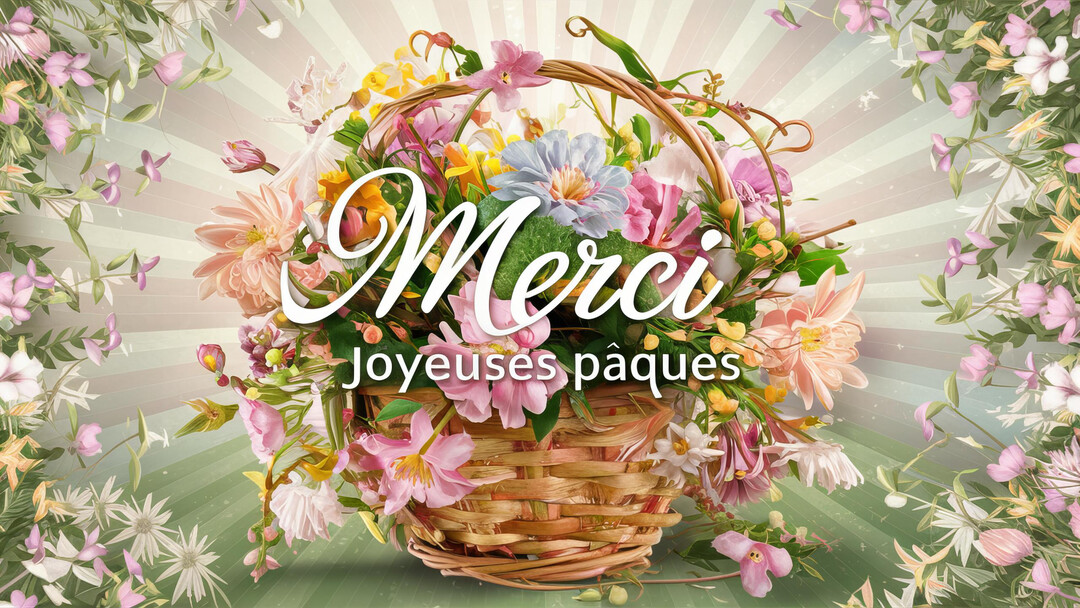 Une illustration de style rétro montrant un panier débordant de fleurs de printemps roses, jaunes et bleues, avec le message "Merci, Joyeuses Pâques".