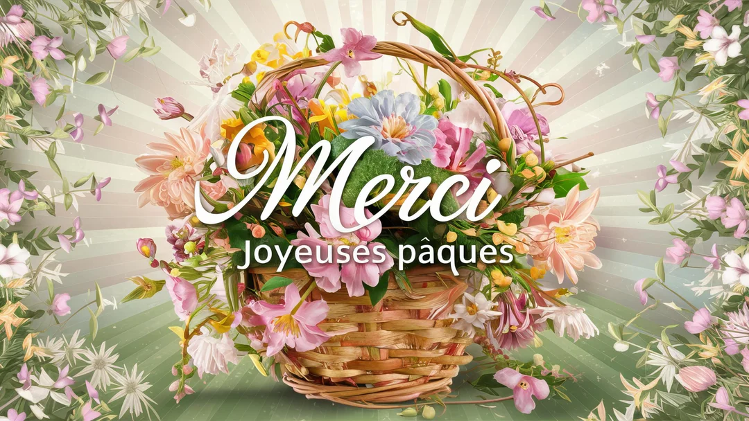 Une illustration de style rétro montrant un panier débordant de fleurs de printemps roses, jaunes et bleues, avec le message "Merci, Joyeuses Pâques".
