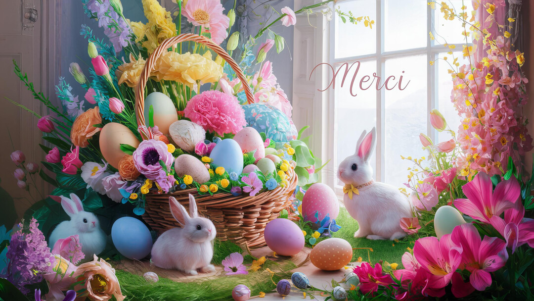 Une scène de Pâques bucolique avec trois lapins blancs près d'un panier rempli d'œufs décorés et de fleurs, devant une fenêtre lumineuse.
