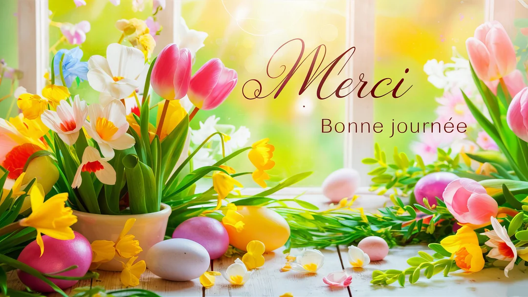 Une composition de Pâques sur un rebord de fenêtre avec des fleurs printanières, des œufs colorés et l'inscription 'Merci, Bonne journée'.