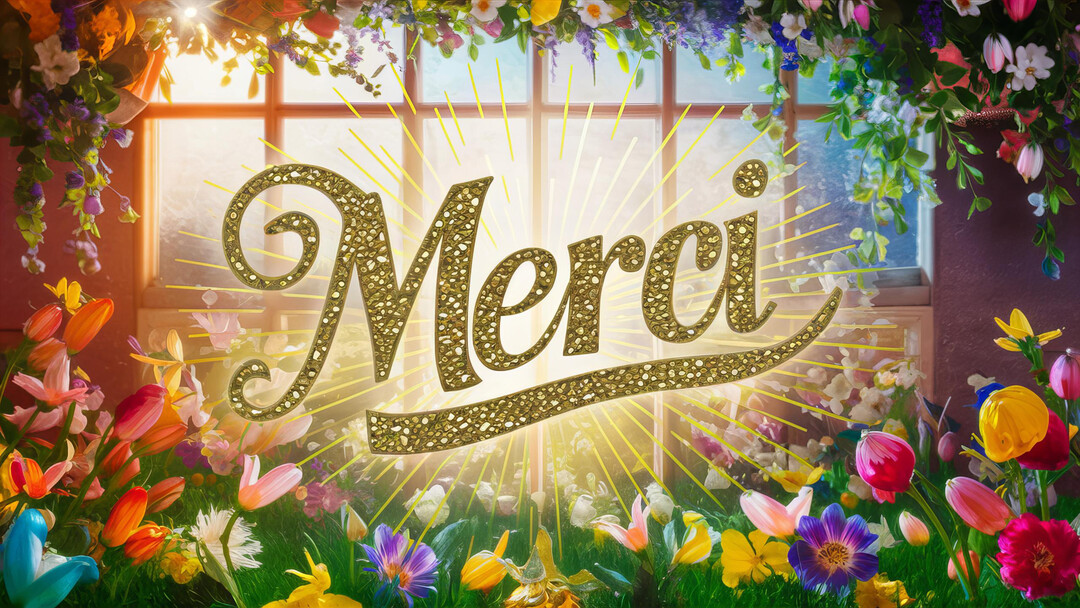 Une composition artistique montrant le mot 'Merci' en typographie dorée, devant une fenêtre ensoleillée et entouré d'une abondance de fleurs colorées.
