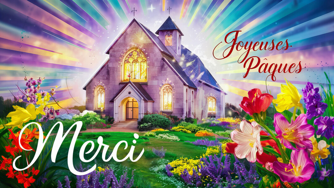 Une église en pierre aux vitraux lumineux se dresse au centre, entourée d'un jardin fleuri sous un ciel aux rayons multicolores.
