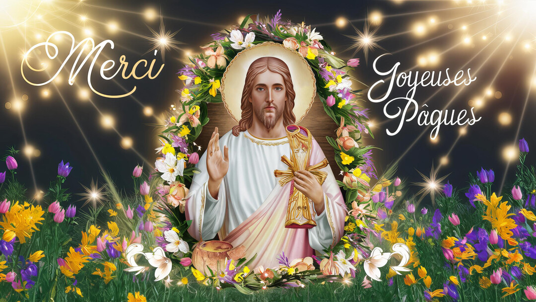 Jésus-Christ, tenant une croix dorée, est au centre d'une couronne de fleurs sur un fond sombre étoilé avec des inscriptions lumineuses.