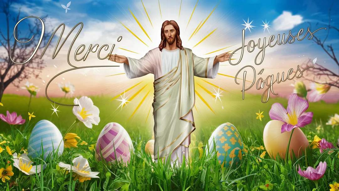 Jésus-Christ, nimbé de lumière, se tient au-dessus d'une prairie verdoyante remplie de fleurs et d'œufs de Pâques décorés.