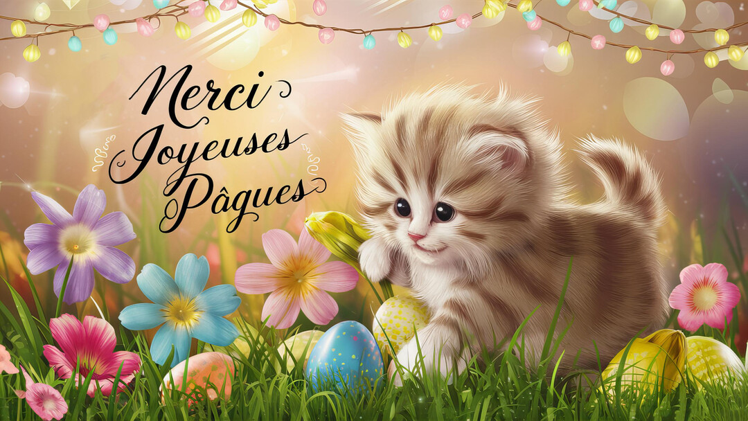 Un chaton duveteux est assis dans un champ d'herbe avec des fleurs et des œufs de Pâques, sous une guirlande lumineuse festive.
