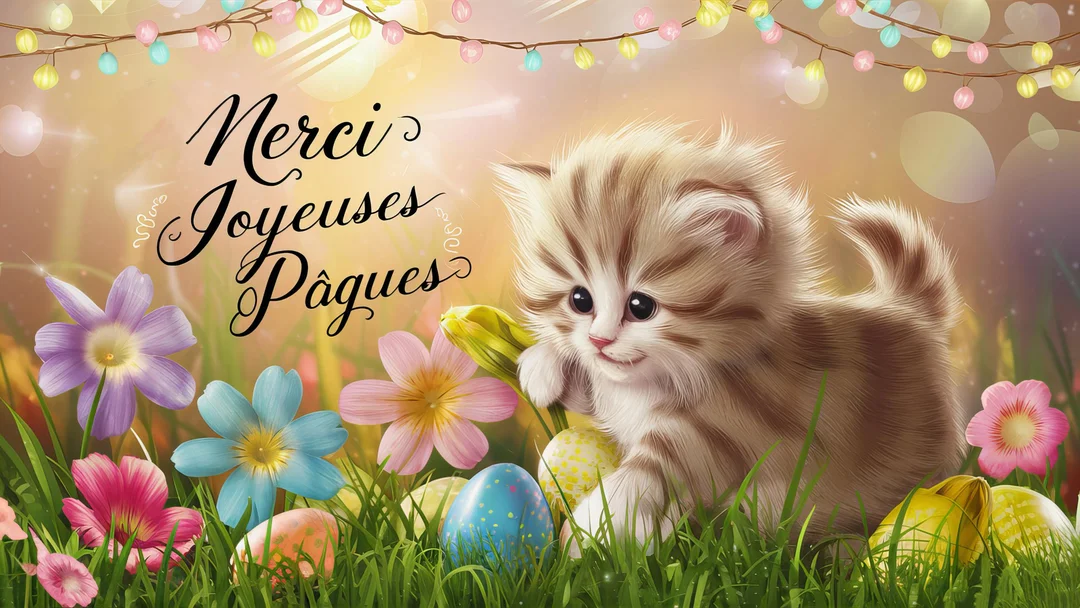 Un chaton duveteux est assis dans un champ d'herbe avec des fleurs et des œufs de Pâques, sous une guirlande lumineuse festive.