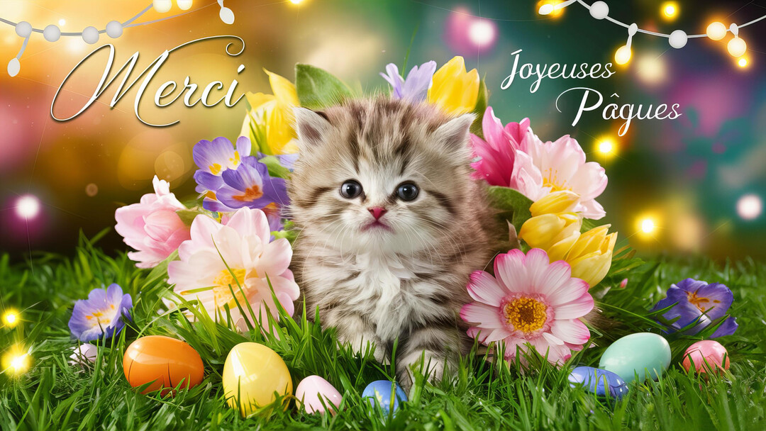 Un jeune chaton duveteux est assis dans une prairie verdoyante, entouré de fleurs printanières multicolores, d'œufs de Pâques et de lumières festives.