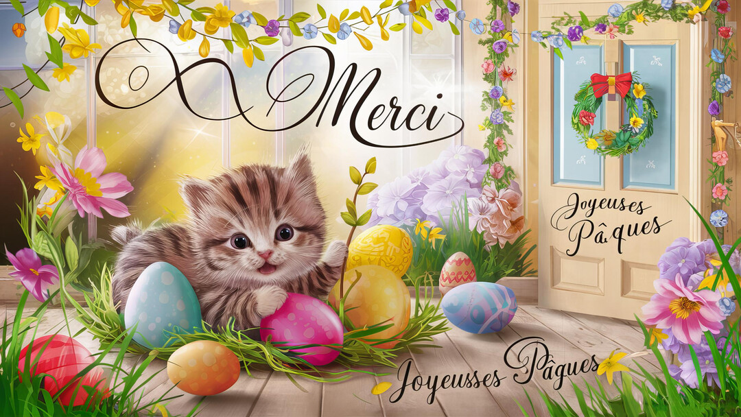 Un chaton tigré est assis sur un porche en bois, entouré d'œufs de Pâques colorés et de fleurs printanières devant une porte décorée.