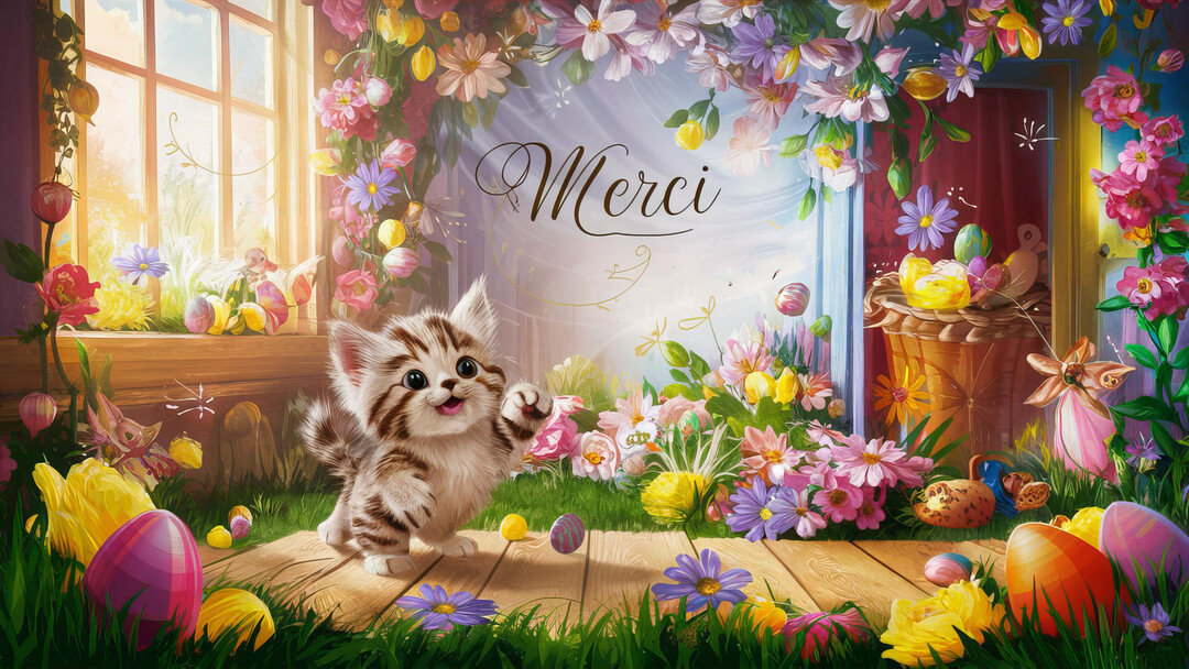 Une scène de Pâques illustrée montrant un chaton joyeux au milieu de nombreuses fleurs et d'œufs colorés, avec le mot 'Merci' écrit au-dessus.
