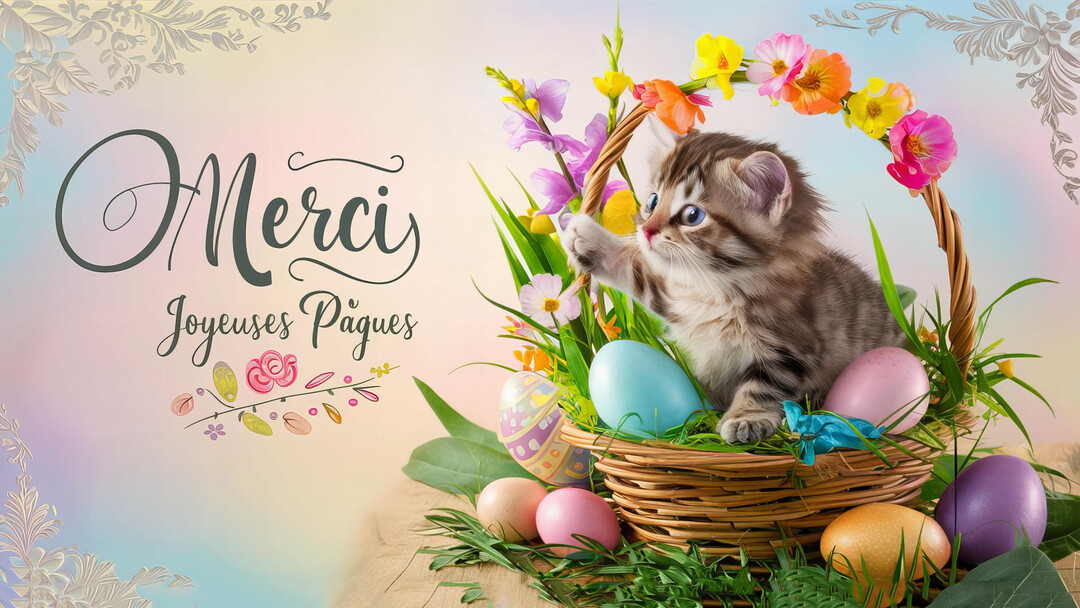 Un chaton tigré est assis dans un panier de Pâques décoré de fleurs et entouré d'œufs colorés, avec le texte 'Merci Joyeuses Pâques'.