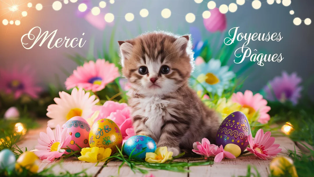 Un petit chaton tigré est au centre d'une scène printanière avec des œufs de Pâques peints, des fleurs roses et jaunes, et des lumières en arrière-plan.