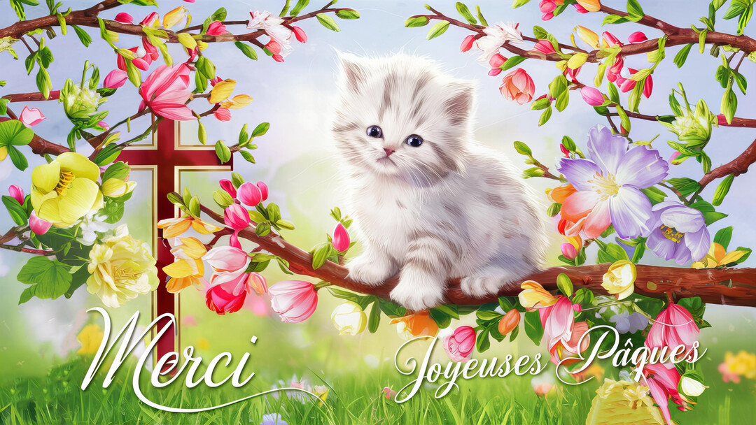 Un adorable chaton blanc est perché sur une branche d'arbre en fleurs, avec une croix chrétienne visible derrière lui dans un décor printanier.