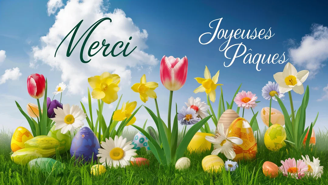 Une scène printanière avec des fleurs variées et des œufs de Pâques dans l'herbe, sous un ciel bleu avec les mots 'Merci' et 'Joyeuses Pâques'.
