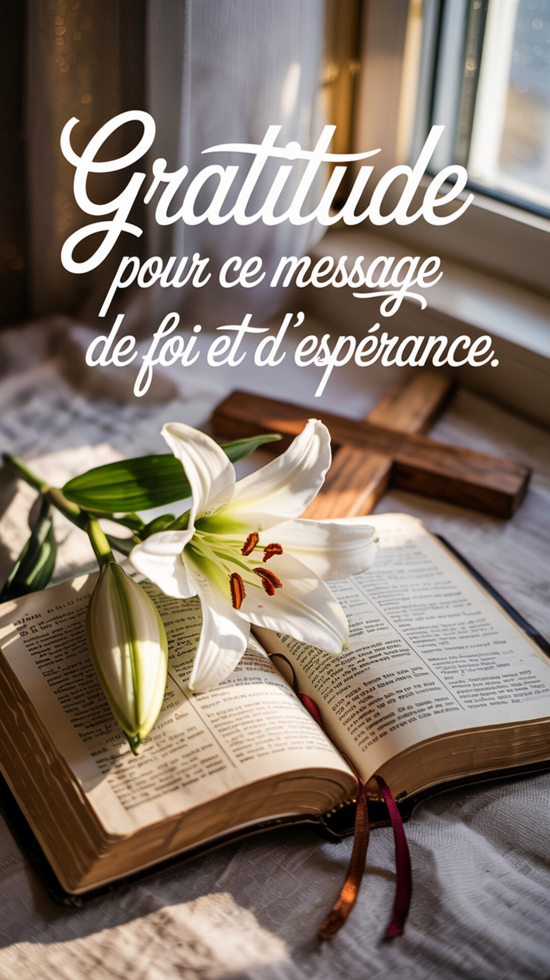 Une composition spirituelle montre un lys blanc sur une Bible ouverte devant une croix en bois, baignée dans la lumière douce d'une fenêtre.