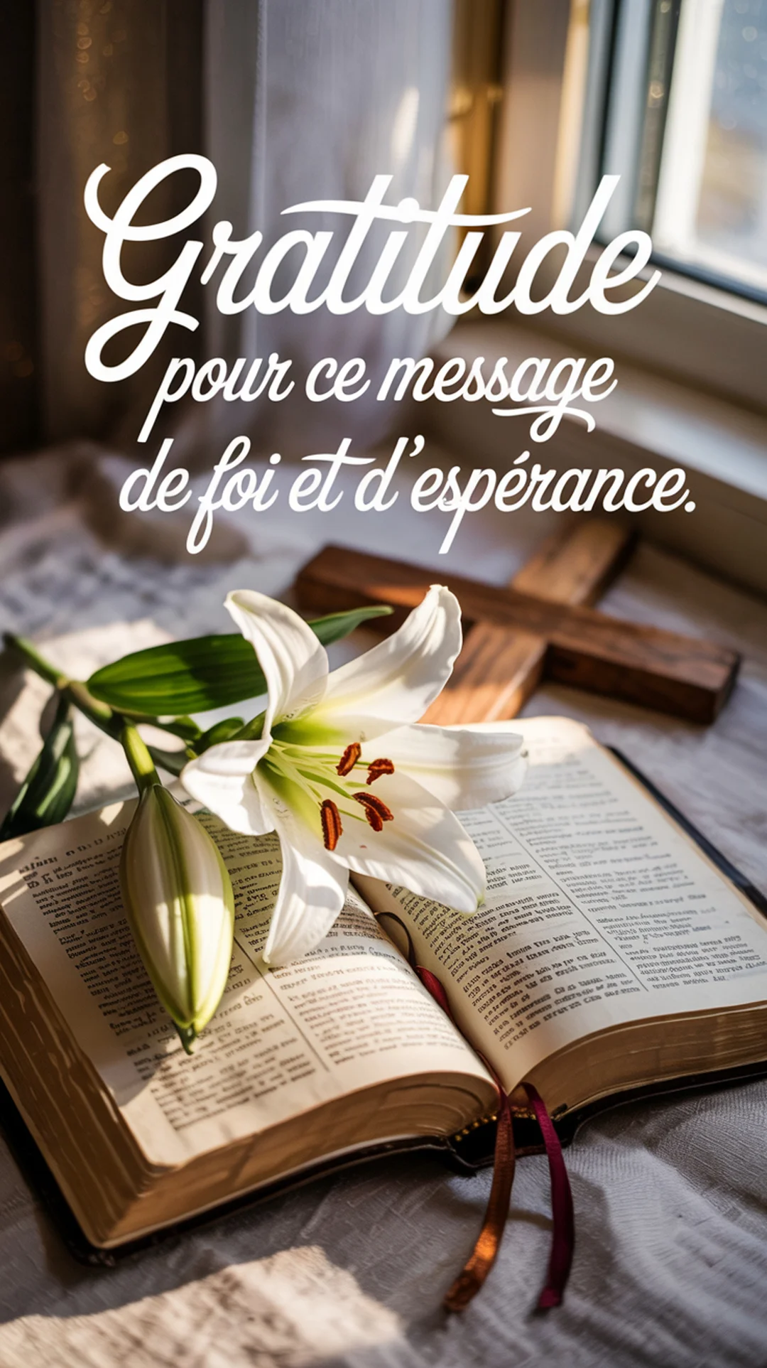 Une composition spirituelle montre un lys blanc sur une Bible ouverte devant une croix en bois, baignée dans la lumière douce d'une fenêtre.