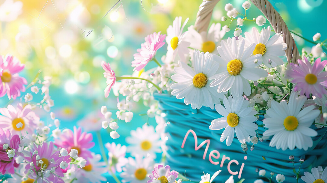 Une composition florale présente un panier bleu rempli de marguerites blanches et roses, avec le mot 'Merci' écrit en rose sur le côté.