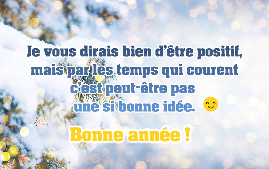 Une carte de vœux pour la nouvelle année affichant une blague sur fond de branches de sapin enneigées et de lumières dorées floues.