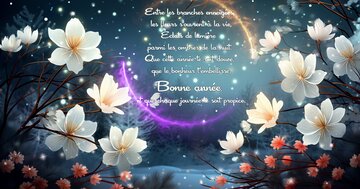 Aperçu de la carte : « Entre les branches enneigées, les fleurs s'ouvrent à la vie, Éclats de lumière... »