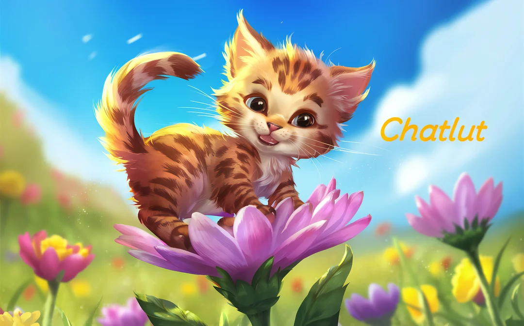 Un adorable chaton roux tigré, à l'air enjoué, est perché sur une grande fleur rose dans une prairie ensoleillée sous un ciel bleu.