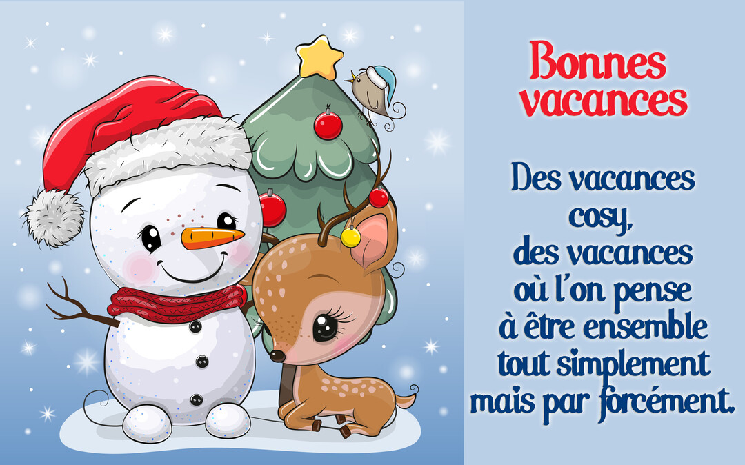 Illustration mignonne d'un bonhomme de neige et d'un petit faon à côté d'un sapin de Noël, sous la neige qui tombe.