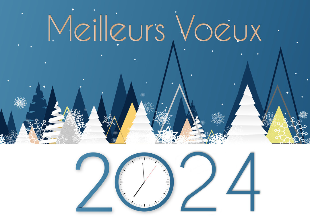 Une illustration stylisée pour les vœux 2025, montrant une horloge approchant minuit au-dessus d'une forêt de sapins stylisés sous la neige.