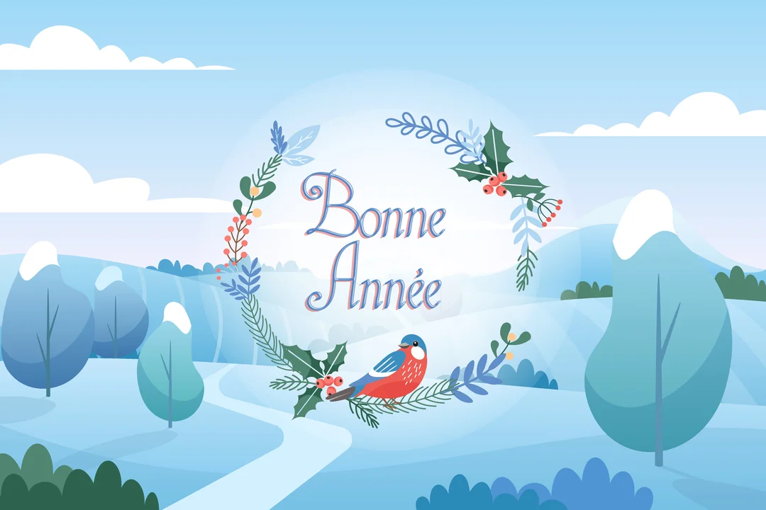 Un paysage hivernal stylisé avec un oiseau rouge et bleu posé sur une couronne végétale où est inscrit en lettres cursives 'Bonne Année'.