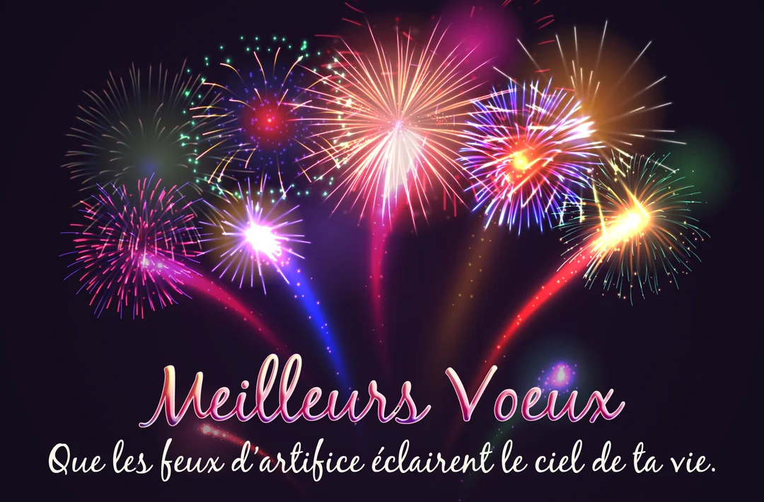 Une illustration festive de feux d'artifice colorés explosant dans un ciel nocturne, au-dessus du texte 'Meilleurs Vœux' écrit en lettres cursives roses.