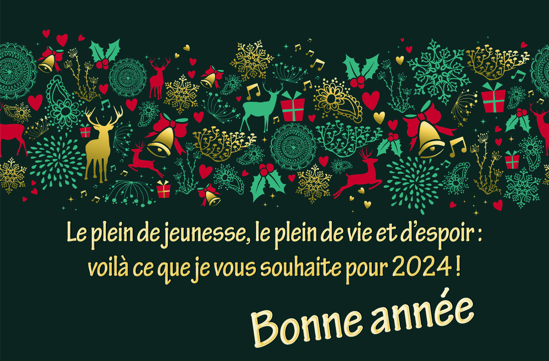 Une carte de vœux pour 2025 avec un motif festif de rennes, cloches et flocons sur un fond vert foncé et un message inspirant.