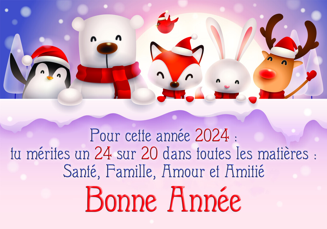 Cinq animaux de dessin animé (ours polaire, pingouin, renard, lapin, renne) avec des bonnets de Noël dans un paysage hivernal enneigé.