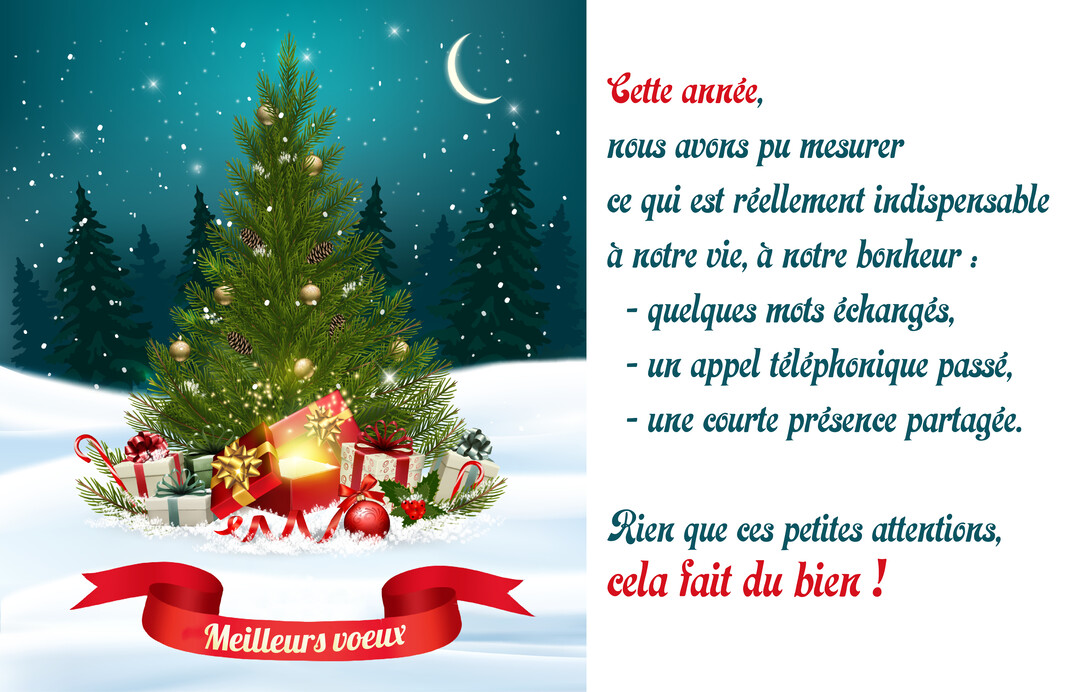 Une scène nocturne hivernale avec un sapin de Noël illuminé, des cadeaux à son pied, et un texte poétique sur un fond blanc.