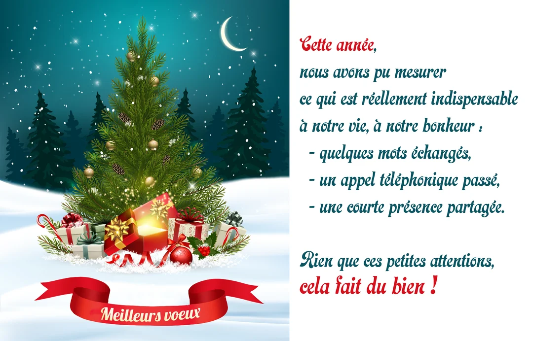 Une scène nocturne hivernale avec un sapin de Noël illuminé, des cadeaux à son pied, et un texte poétique sur un fond blanc.