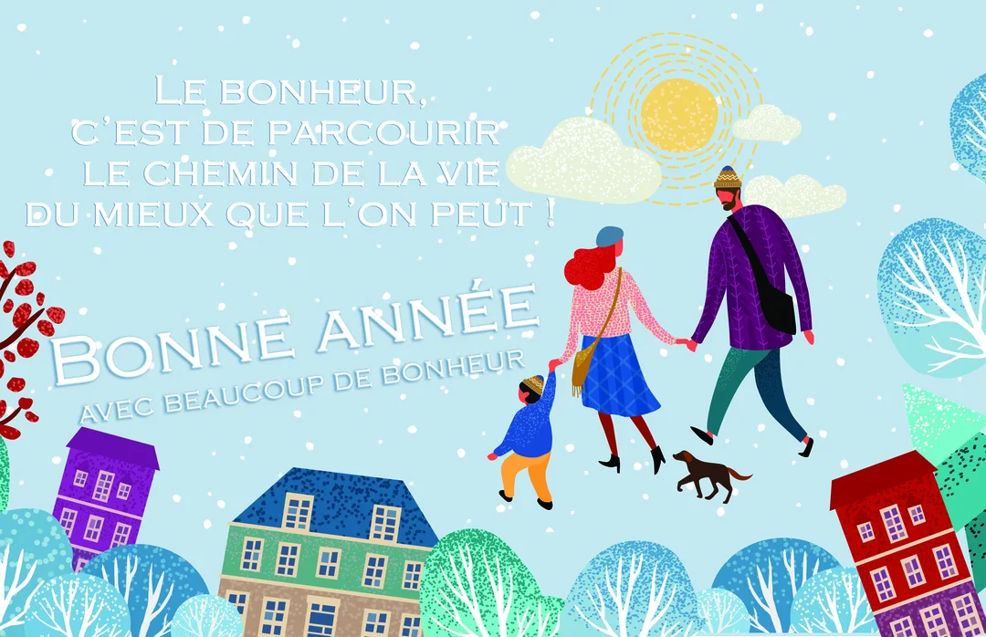 Cette carte représente une famille, un enfant et un chien se promenant main dans la main au milieu d'une ville sous la neige.