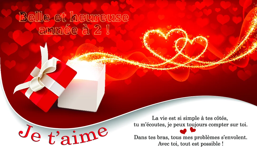 Une carte de vœux sur un fond rouge parsemé de cœurs, montrant un cadeau ouvert libérant une traînée de lumière dorée formant deux cœurs.