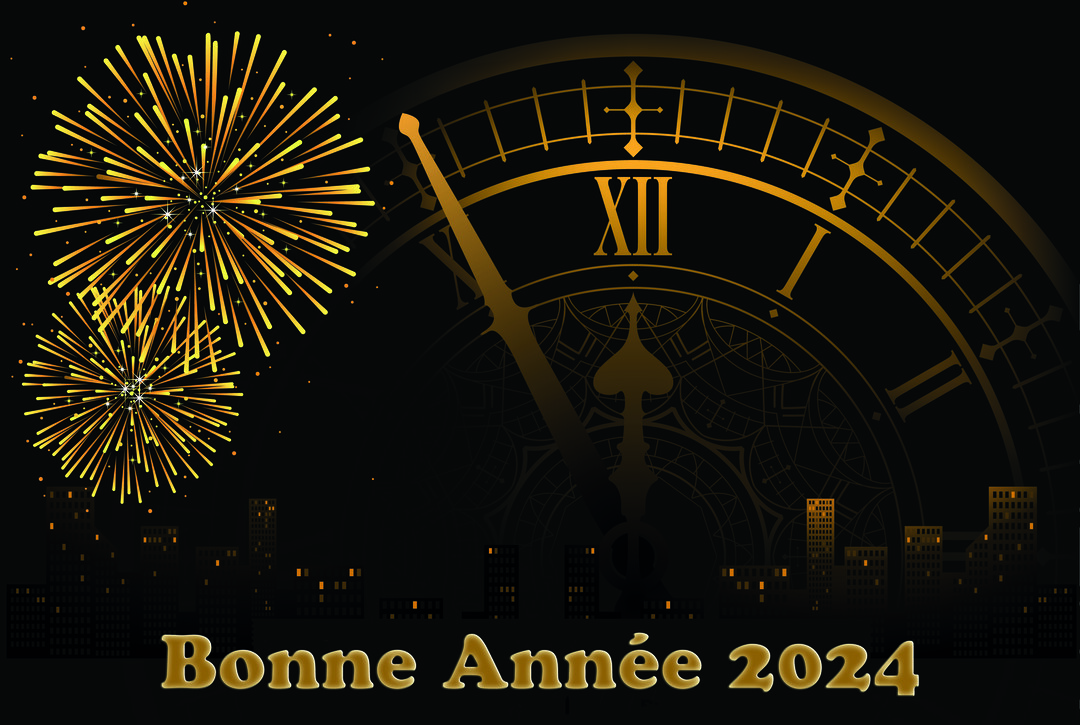 Une illustration nocturne montrant une horloge géante à l'approche de minuit, avec des feux d'artifice dorés au-dessus d'une silhouette de ville.