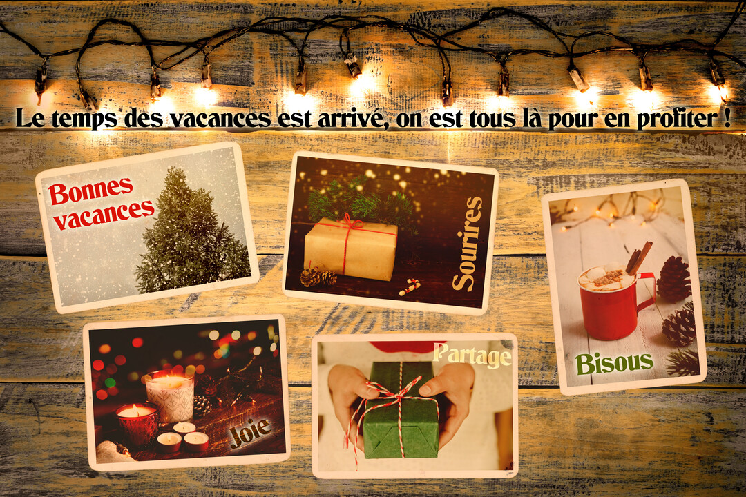 Un collage de photos hivernales festives sur un fond en bois, avec une guirlande lumineuse et un message de bonnes vacances.