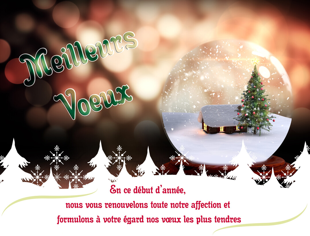 Une carte de vœux hivernale montrant une boule à neige avec un chalet illuminé et un sapin, sur un fond de lumières floues.