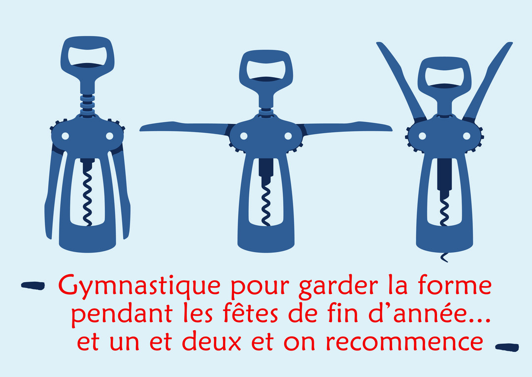 Trois tire-bouchons bleus sont alignés, imitant des postures de gymnastique, sur un fond bleu clair avec un texte humoristique en dessous.