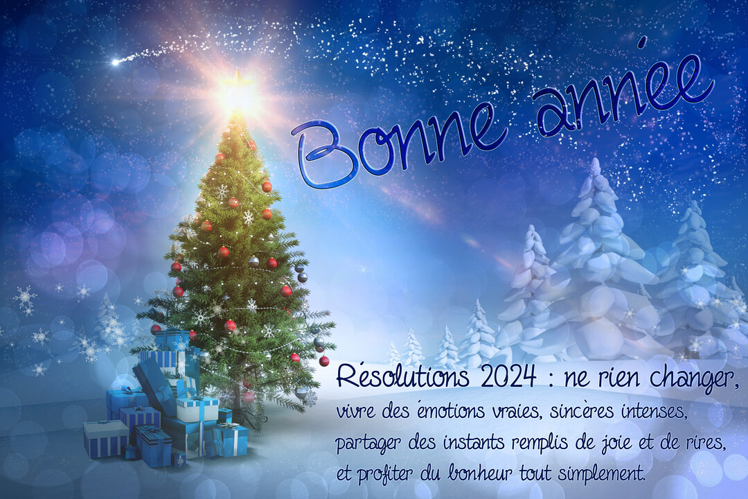 Un paysage nocturne hivernal avec un sapin de Noël décoré, des cadeaux à ses pieds et une étoile filante dans un ciel bleu scintillant.