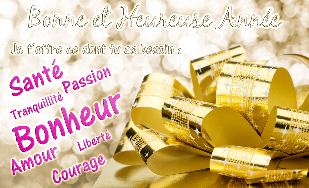 Une carte de vœux du Nouvel An présente un gros plan sur un ruban de cadeau doré et des souhaits écrits comme 'Santé', 'Bonheur', 'Amour'.