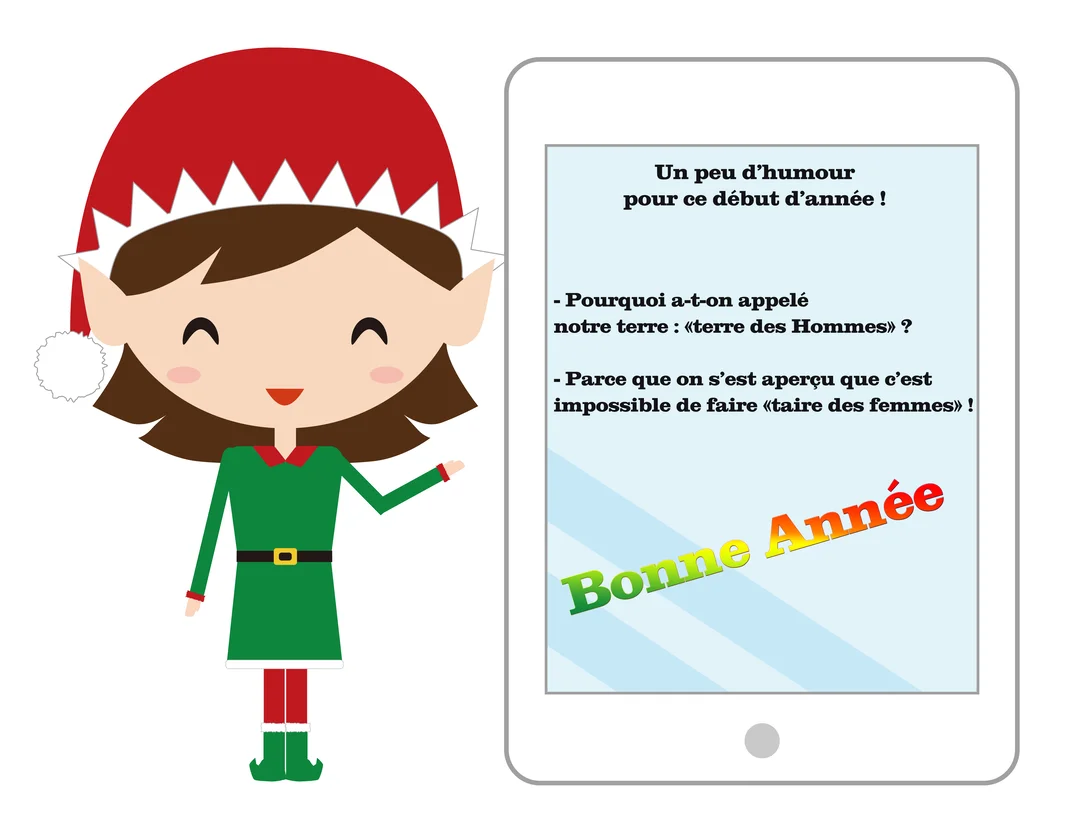 Une elfe souriante en costume vert et rouge pointe vers une tablette affichant une blague et les vœux de 'Bonne Année'.