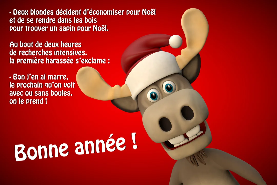 Un élan de dessin animé en 3D avec un grand sourire et un bonnet de Père Noël sur un fond rouge vif.