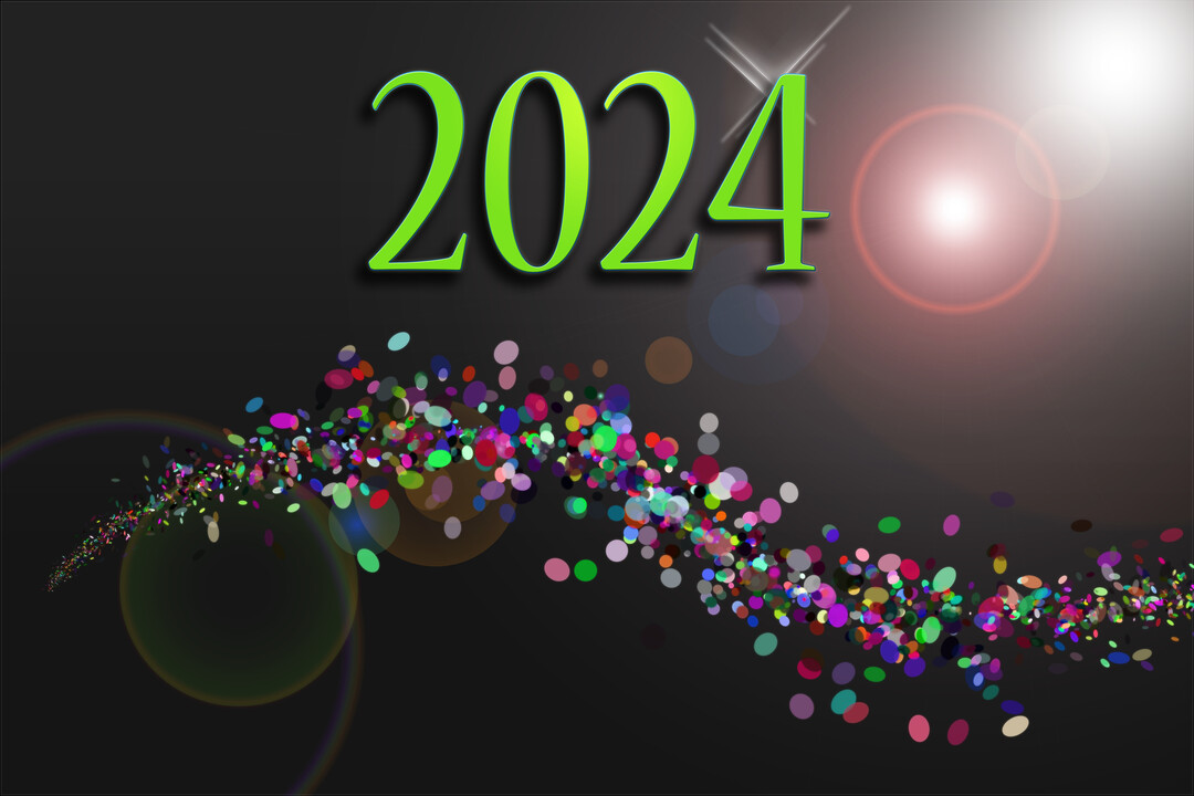 Une composition graphique festive pour le Nouvel An avec l'année 2025 en vert sur fond noir et une traînée de confettis multicolores.