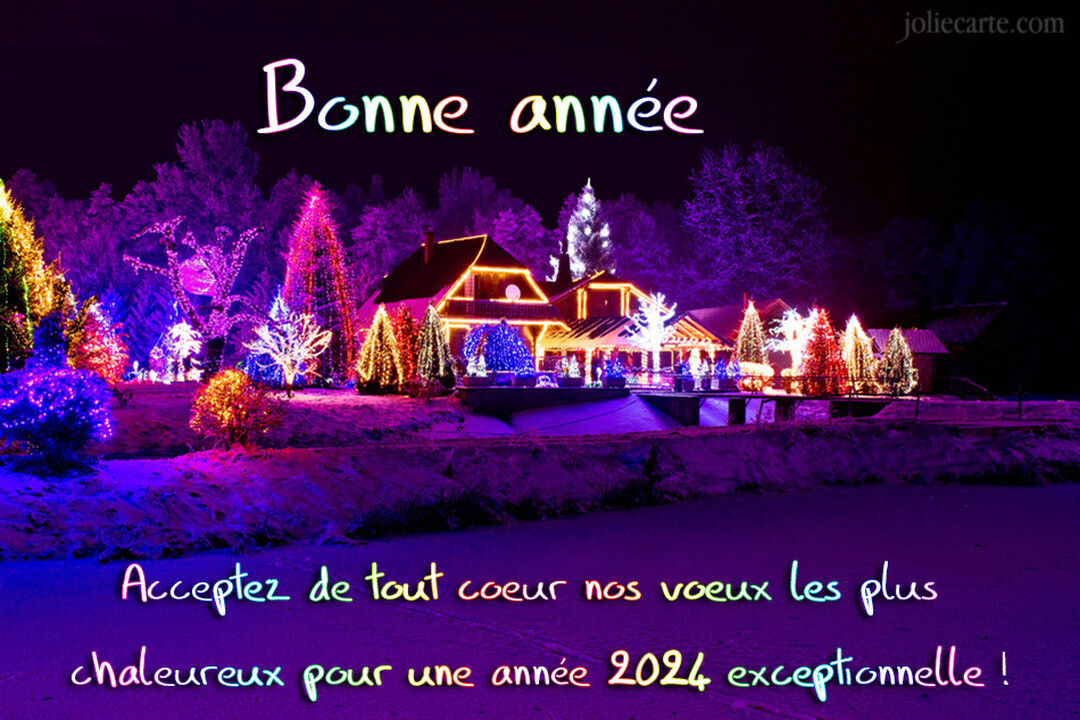 Une scène nocturne hivernale montre un chalet et des sapins abondamment décorés de guirlandes lumineuses multicolores, se reflétant sur un sol enneigé.