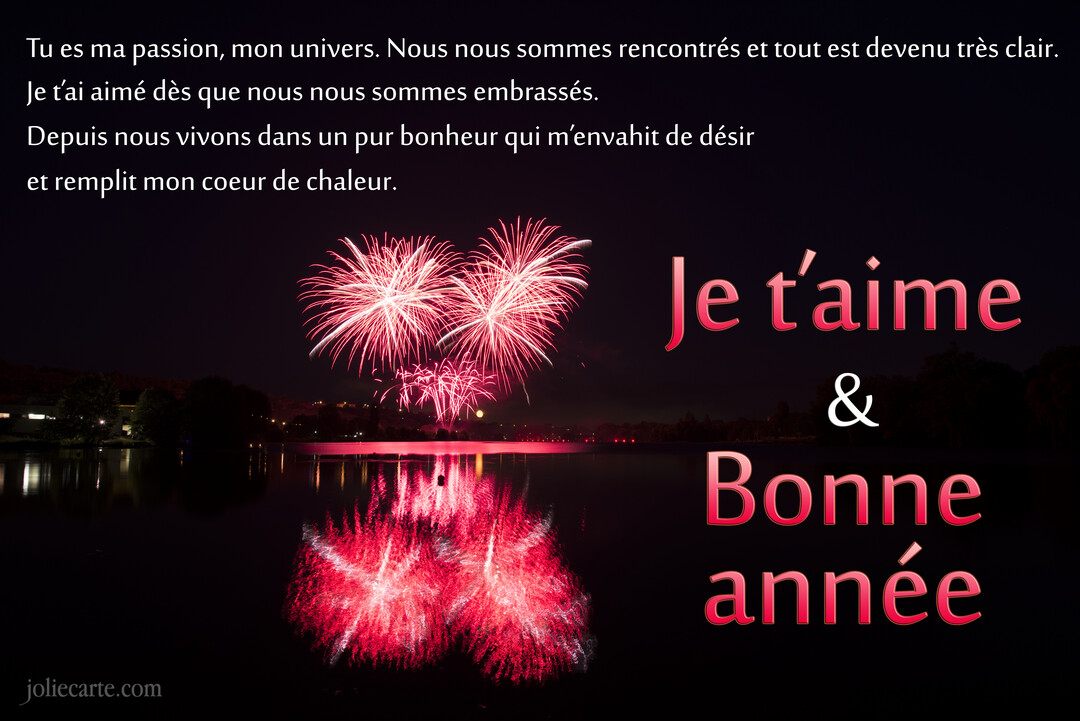 Dans une scène de nuit, des feux d'artifice roses explosent au-dessus d'un lac, avec leurs reflets dans l'eau et un message d'amour.